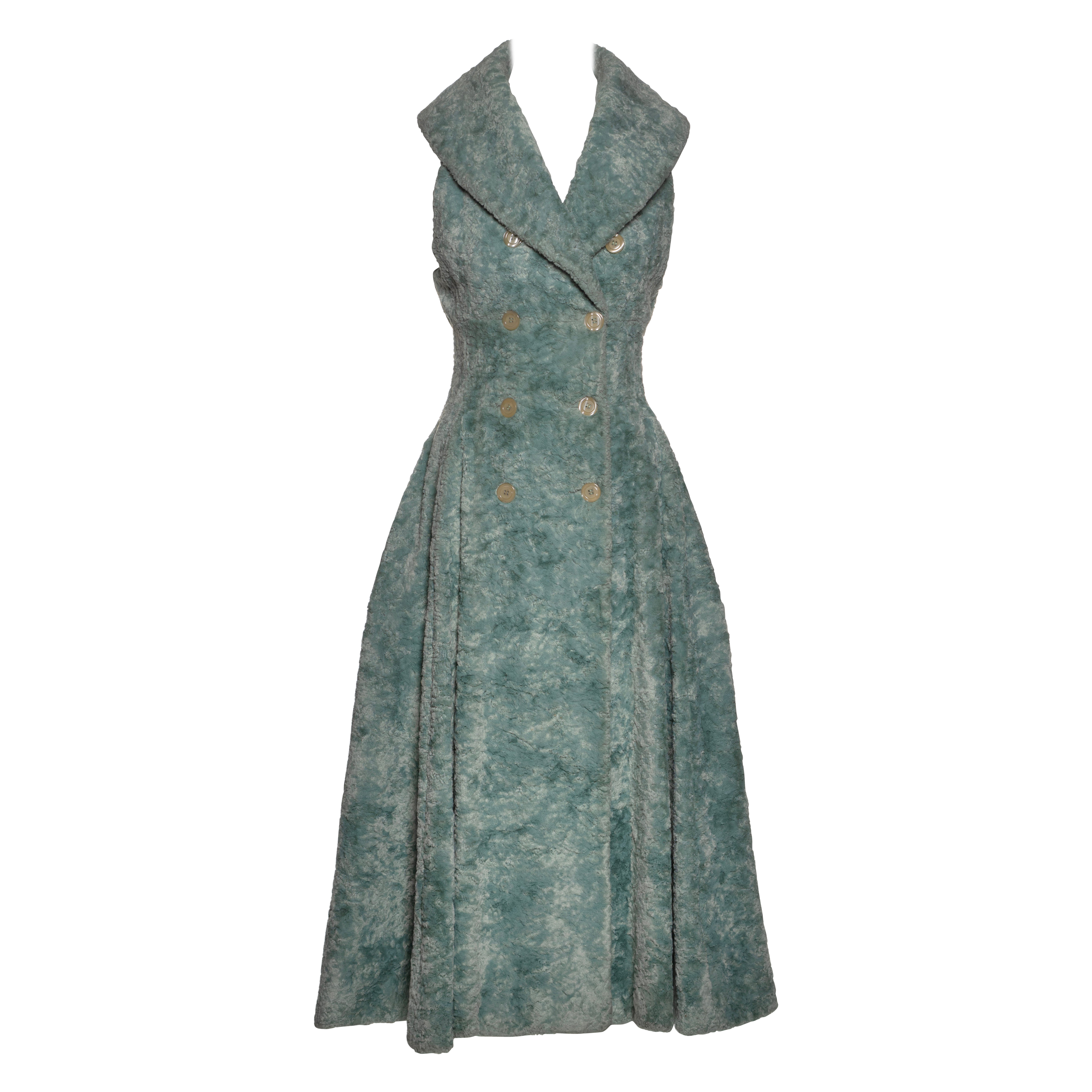 Azzedine Alaia Sleeveless Shawl Lapel Coat Dress in Seafoam Green, FW 1992 For Sale