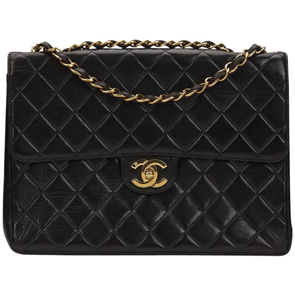 Chanel Black Quilted Lambskin Vintage Jumbo XL Flap Bag 1990s 