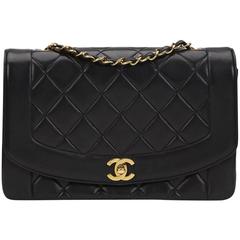 1990s Chanel Black Quilted Lambskin Vintage Diana Classic Single Flap Bag