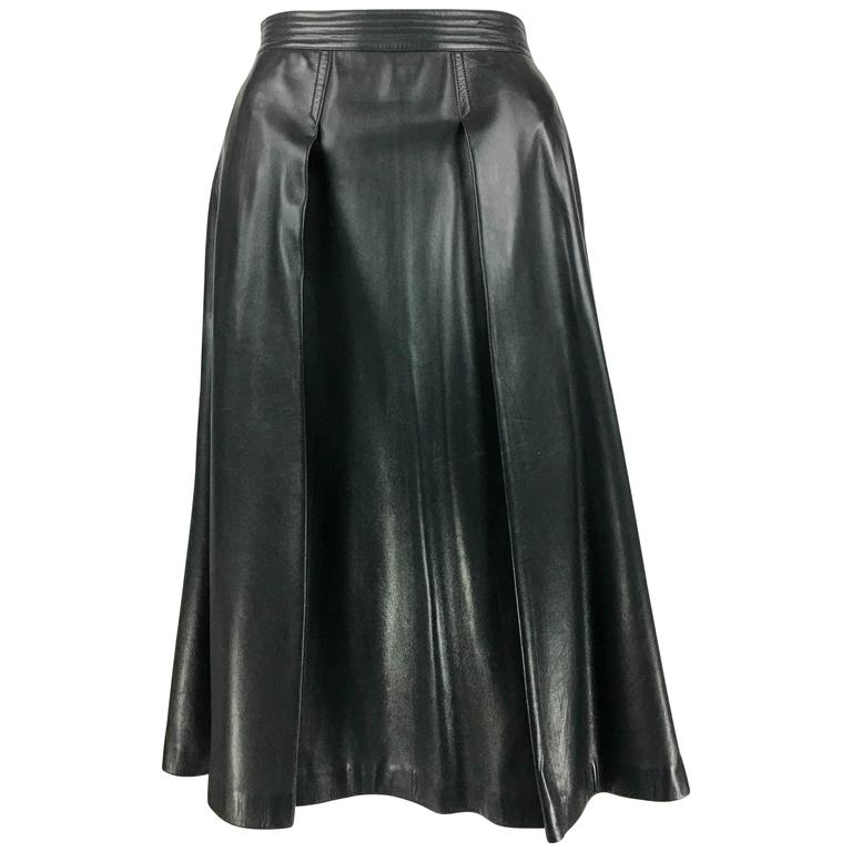 1980s Gucci Black Leather Flared Midi Skirt at 1stdibs
