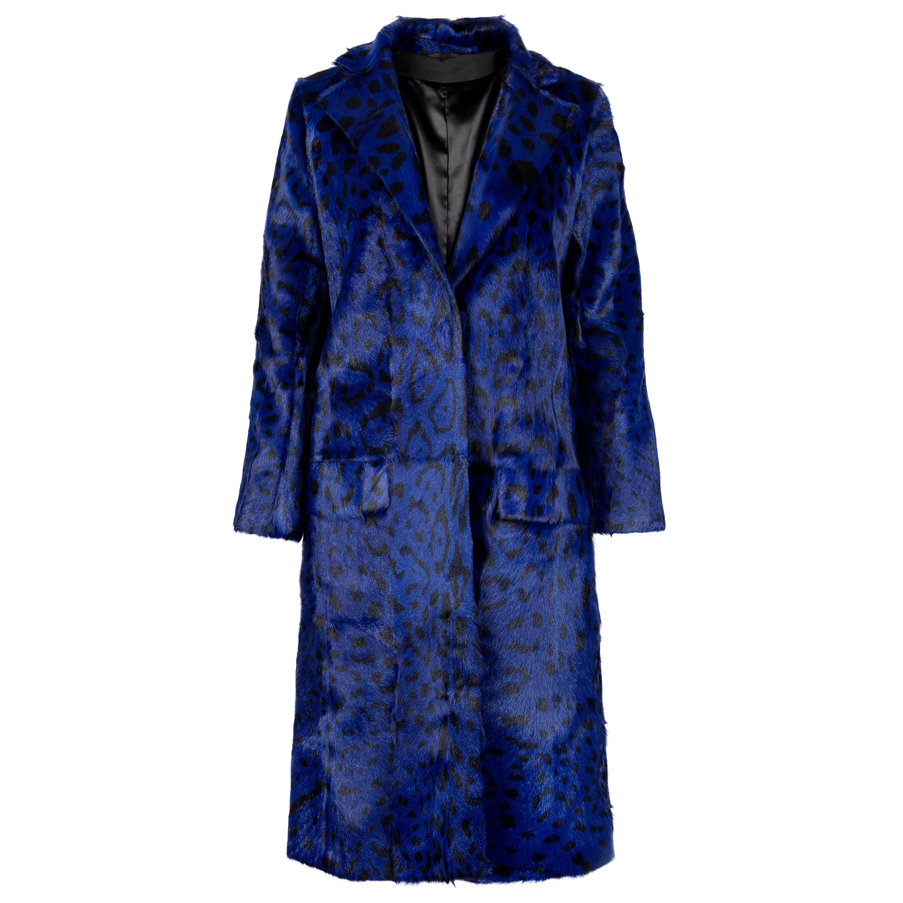 Verheyen London Ink Blue Leopard Print Coat in Goat Hair Fur UK 8 For Sale