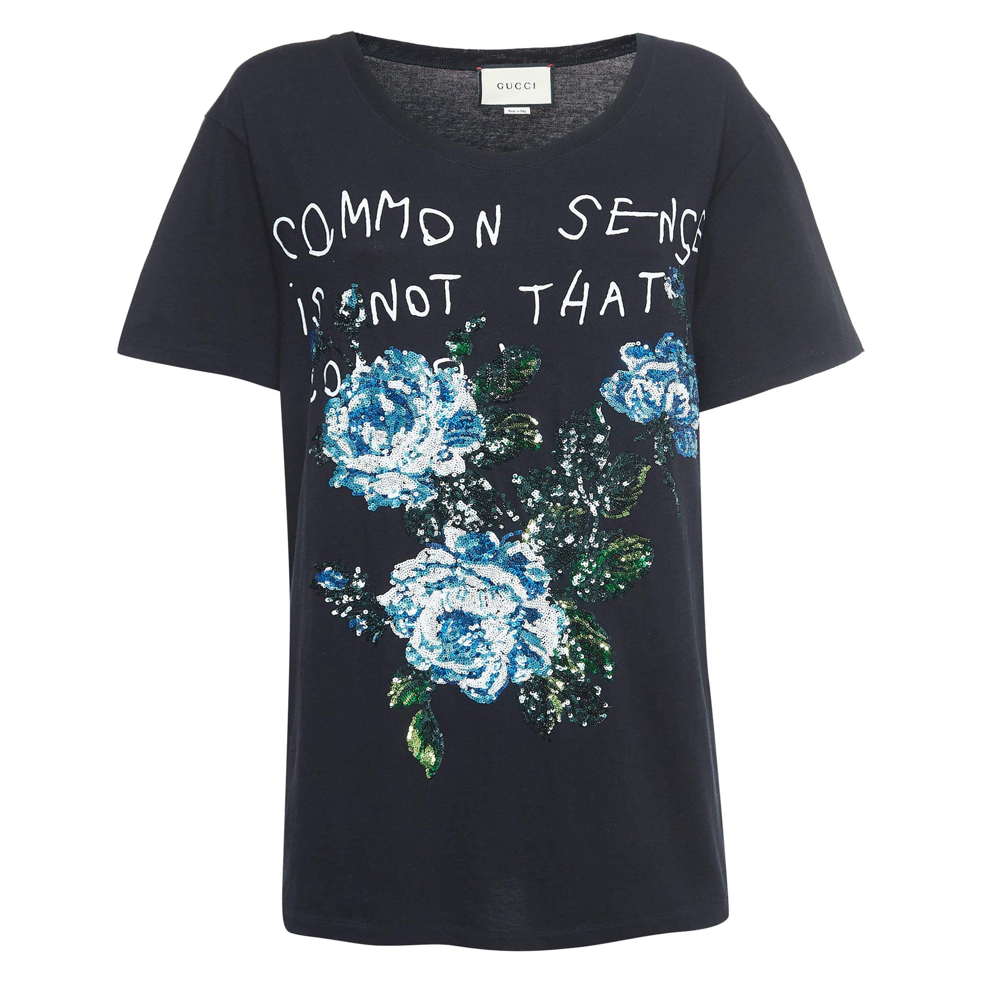 Gucci Black Sequined Embroidered Cotton T-Shirt S For Sale