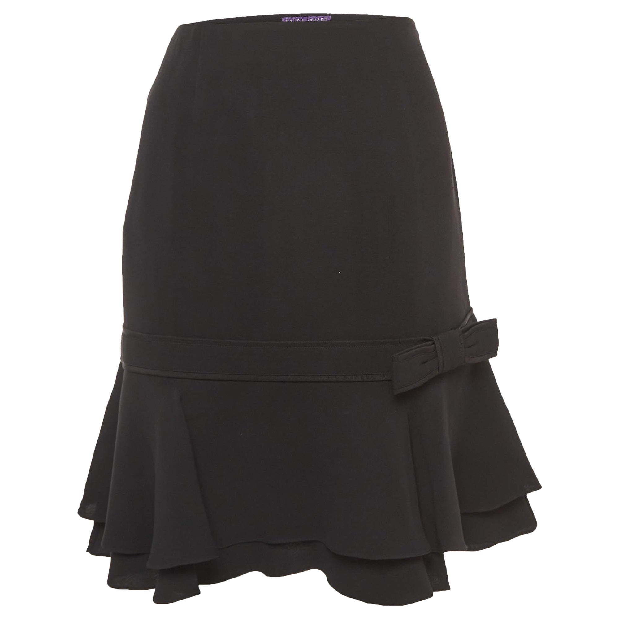 Ralph Lauren Collection Black Silk Bow Detail Ruffled Short Skirt L