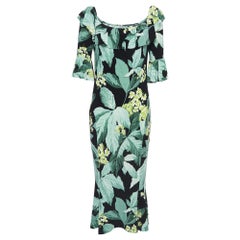 Norma Kamali Green leaf Printed Jersey off-shoulder Fishtail Dress L