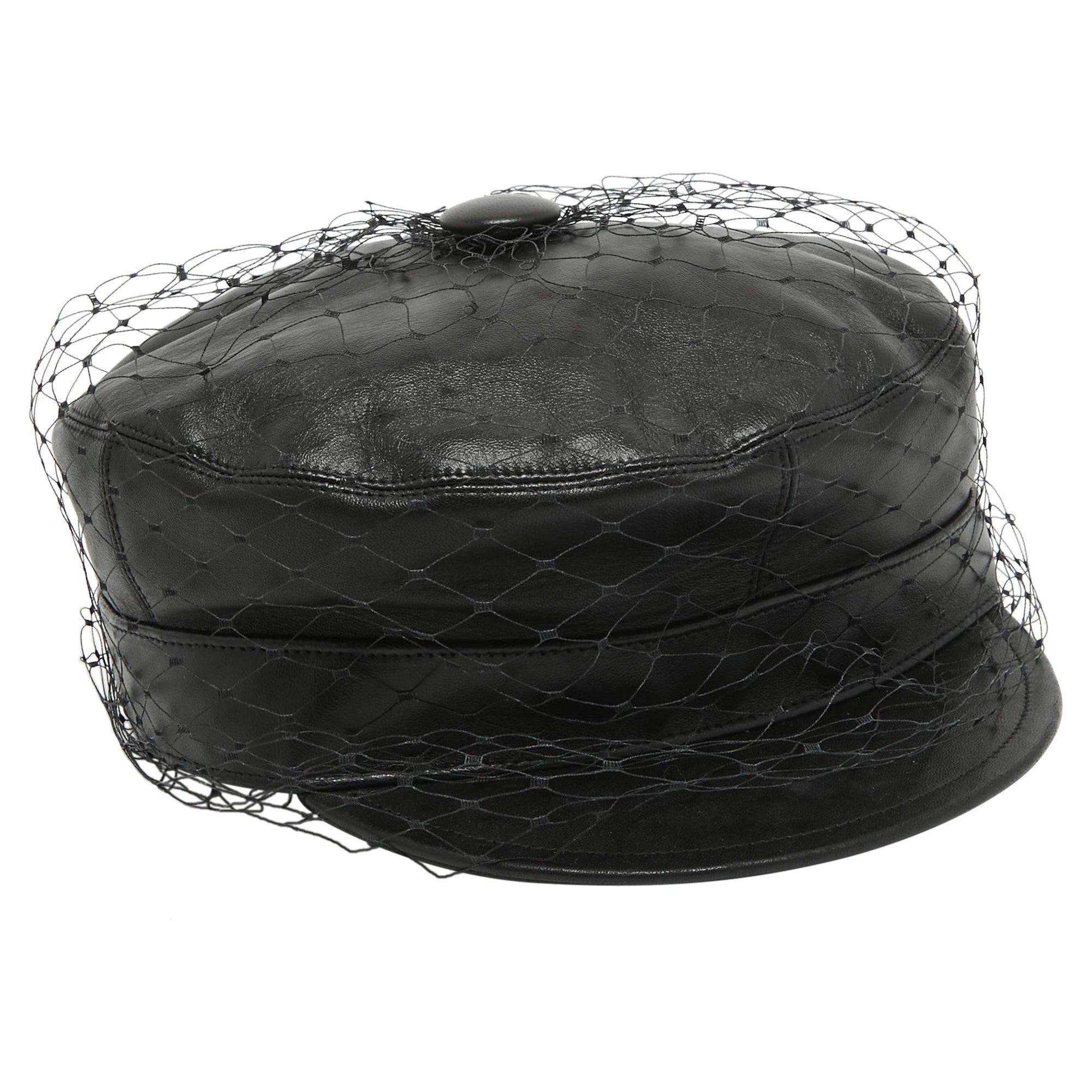 Dior Black Leather Newsboy Veil Cap