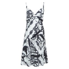 Hermes White/Black Printed Silk Twill Midi Dress M