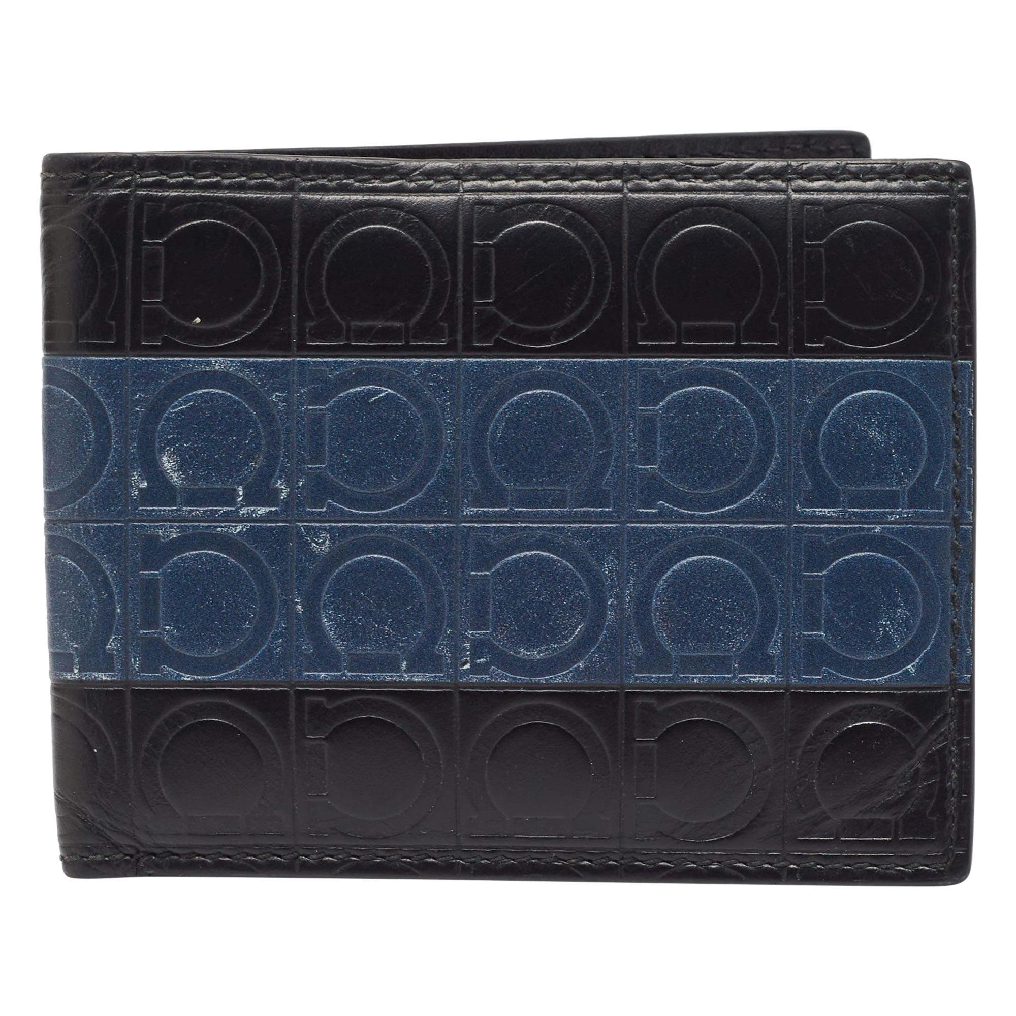 Salvatore Ferragamo Black/Blue Logo Embossed Leather Bifold Wallet