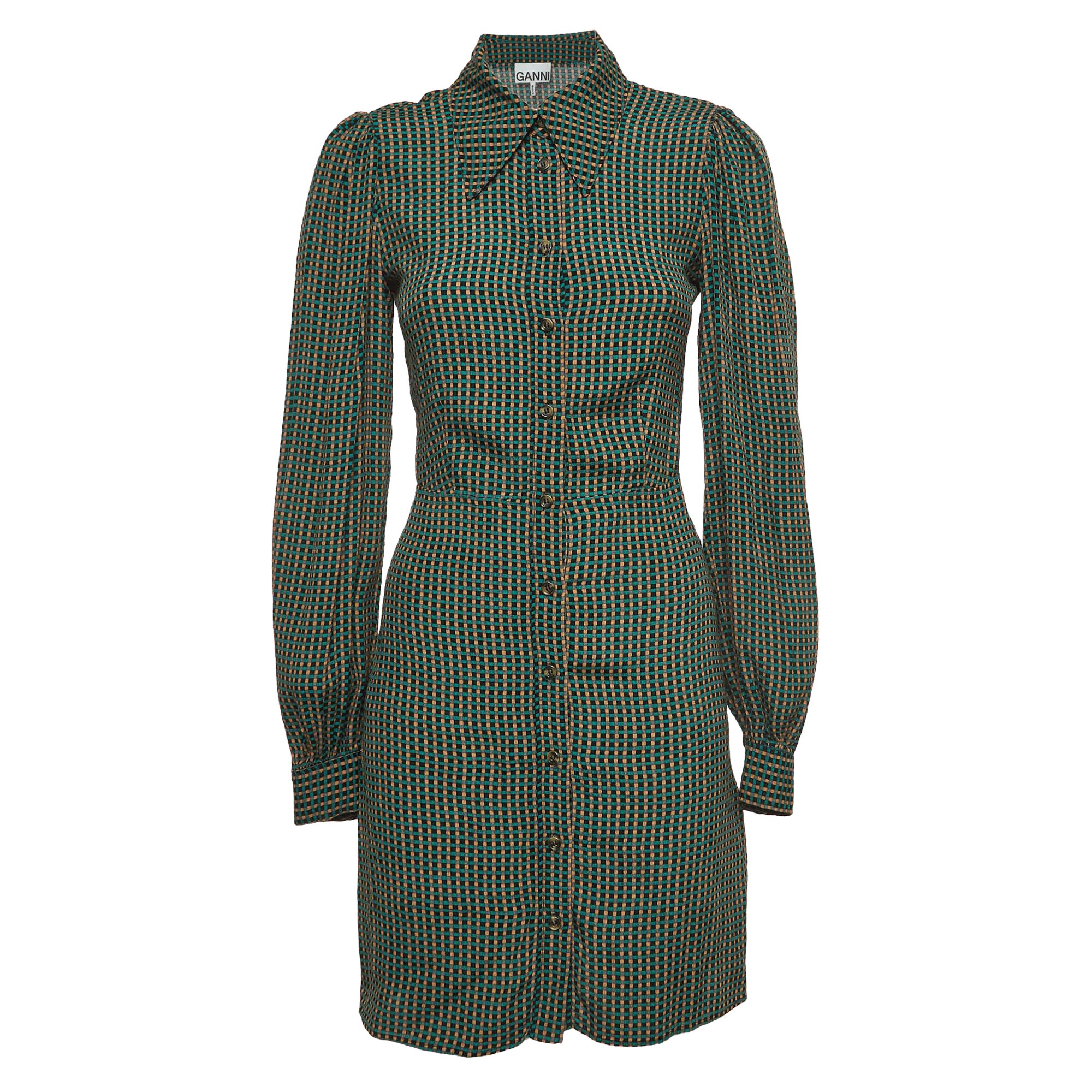 Vestido camisero de viscosa con estampado de cuadros verdes Ganni XXS en venta