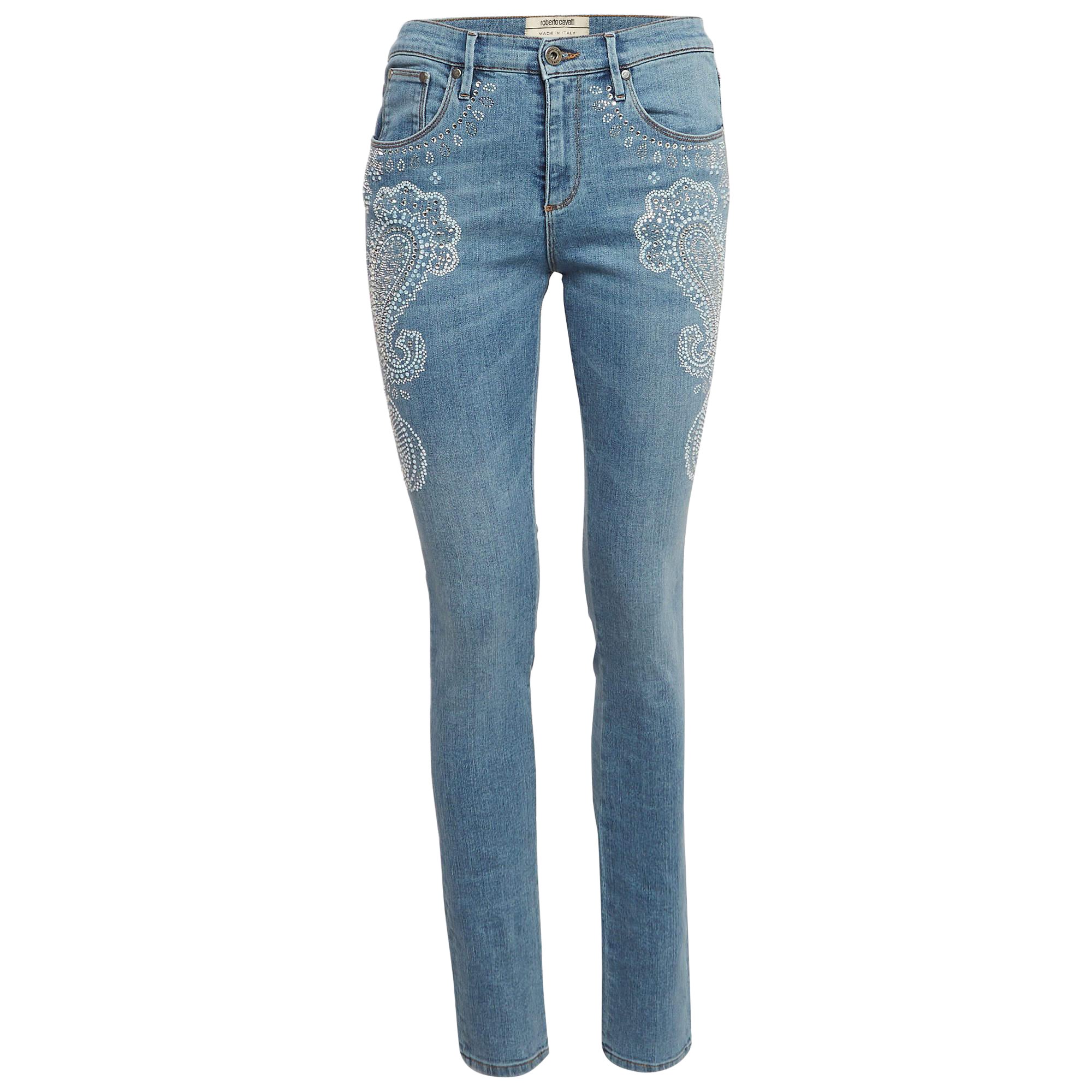 Roberto Cavalli Blue Embellished Denim Jeans M Waist 24" For Sale