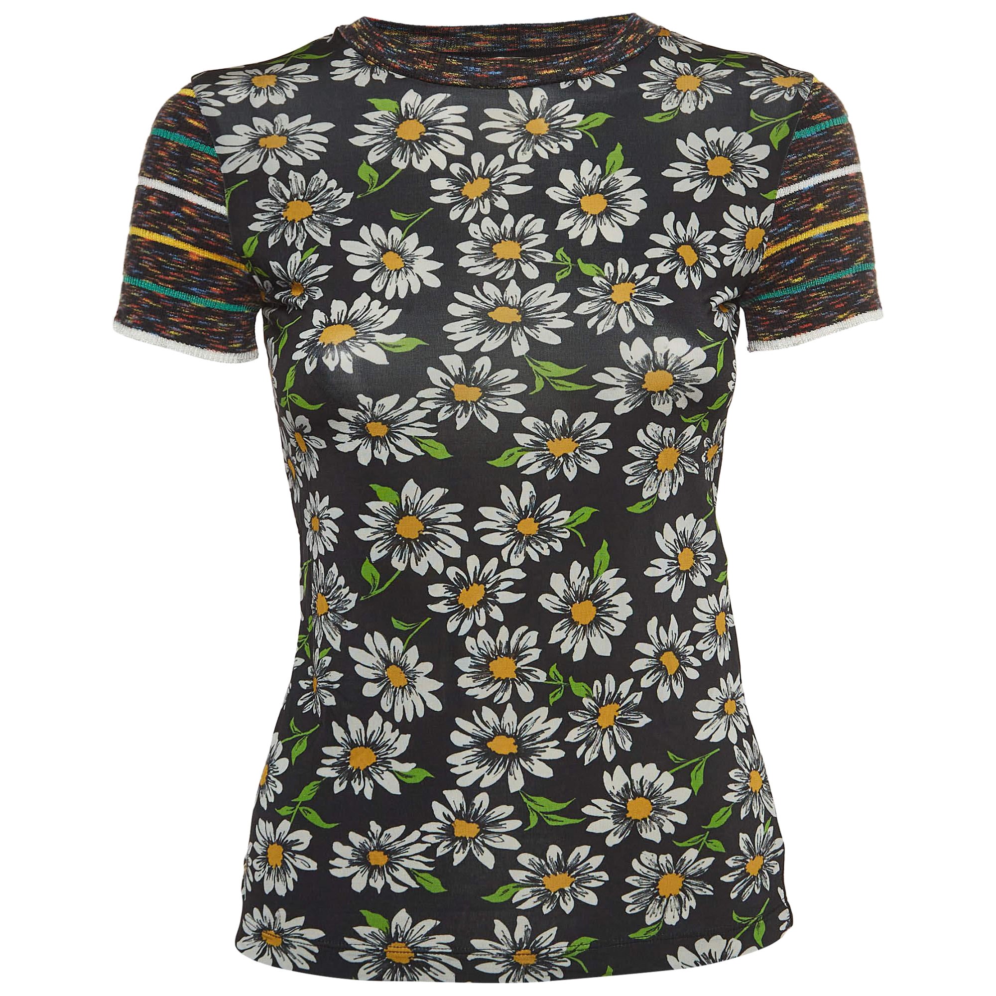 M Missoni Collection Black Floral Print Knit Short Sleeve T-Shirt XS For Sale