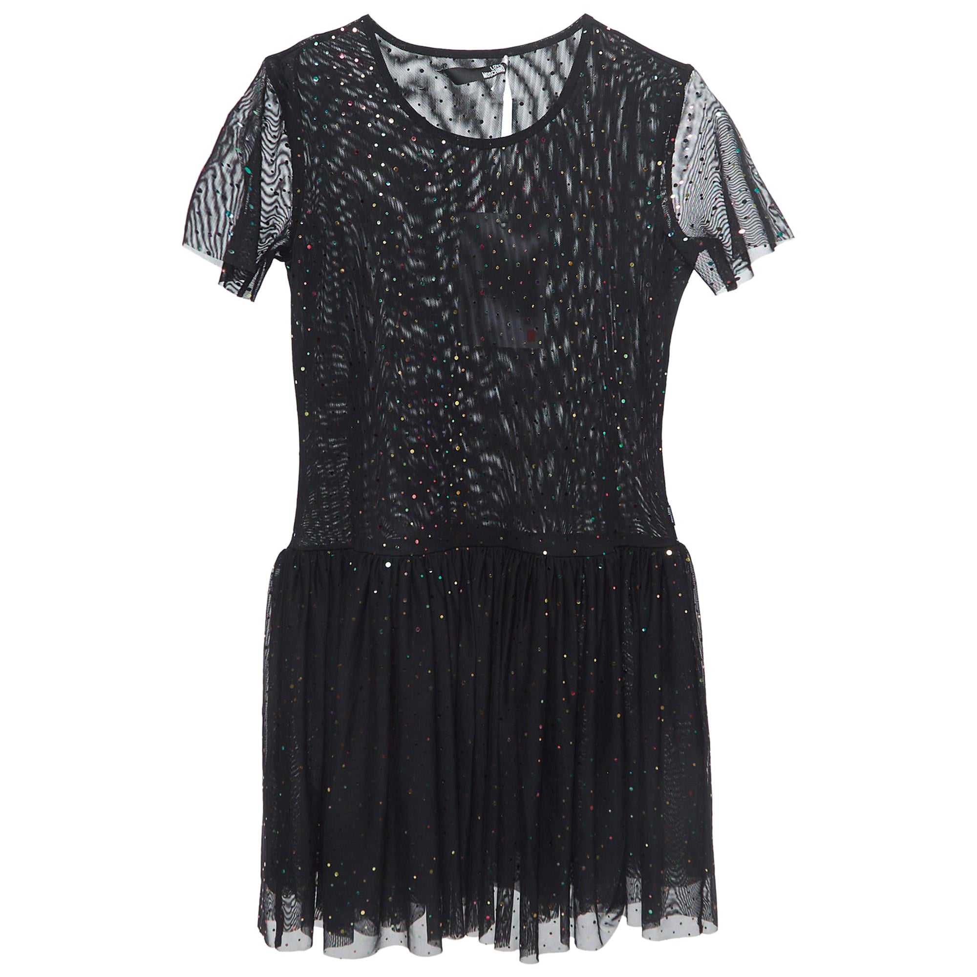 Love Moschino Black Dotted Tulle Gathered Mini Dress M For Sale