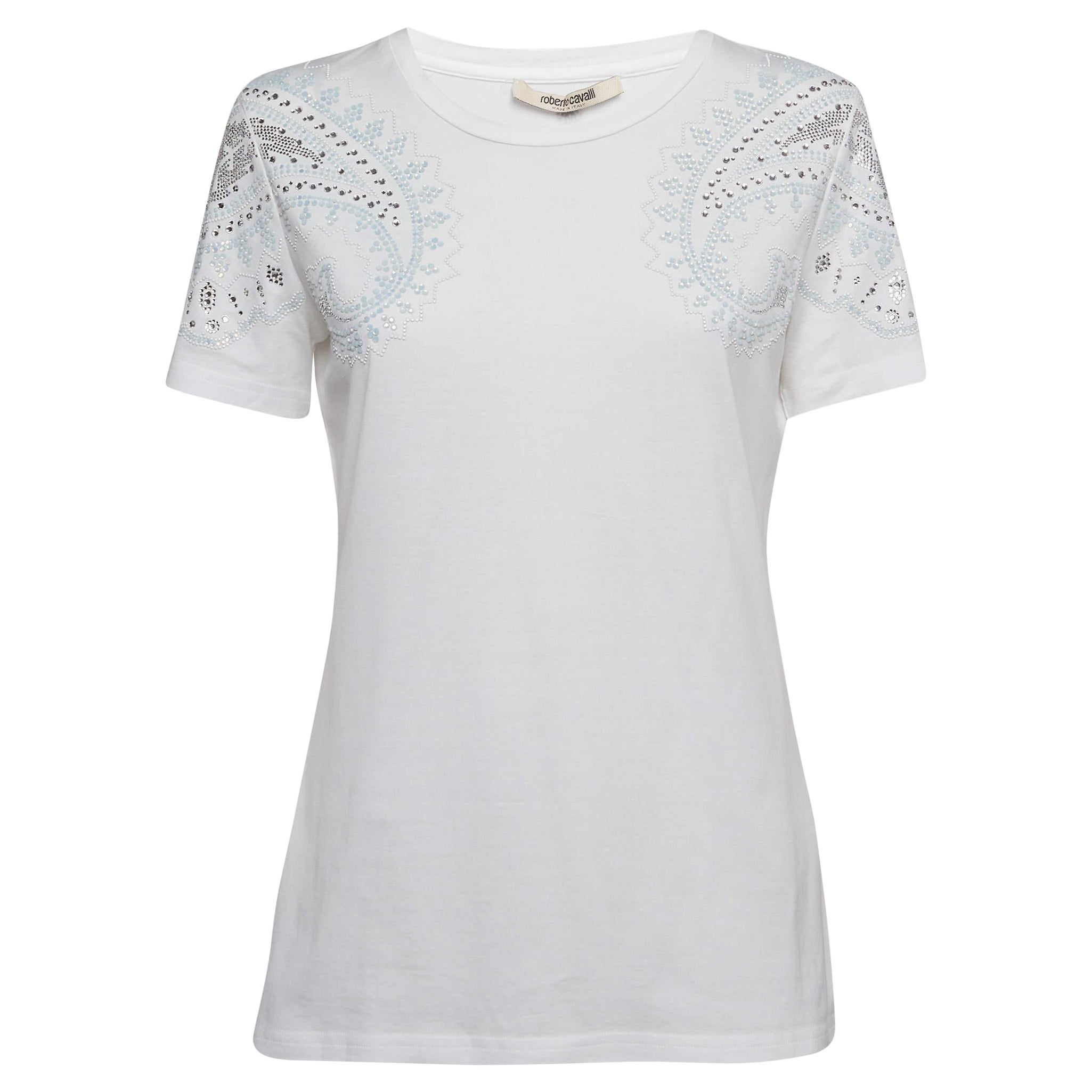 Roberto Cavalli White Crystal Embellished Jersey T-Shirt M For Sale