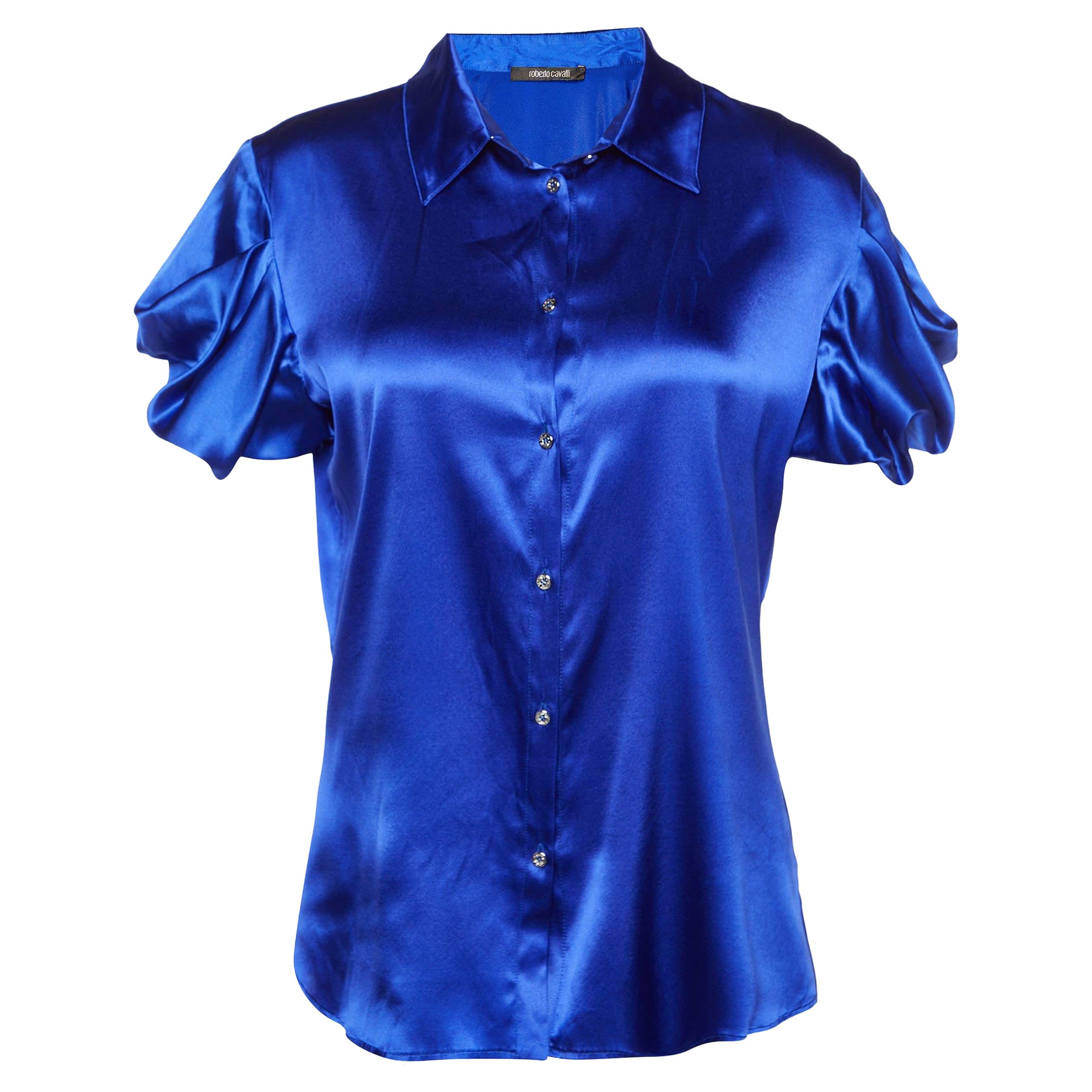 Roberto Cavalli Royal Blue Silk Satin Short Sleeve Shirt S For Sale