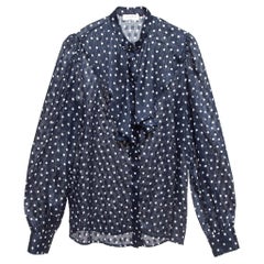 Sandro Navy Blue Metallic Thread Polka Dot Chiffon Shirt XS