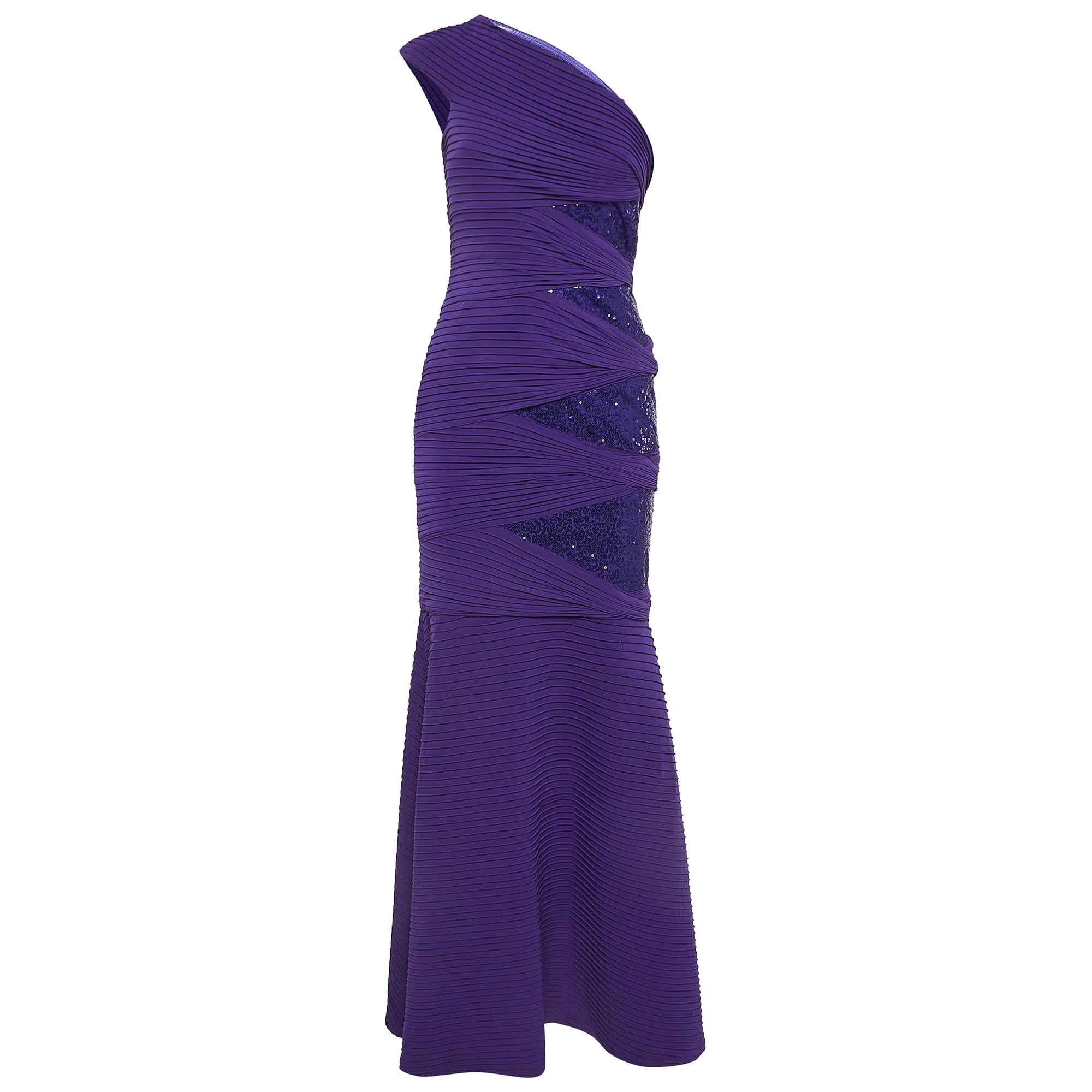 Tadashi Shoji Purple Embellished Knit One Shoulder Gown XS
