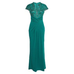 Tadashi Shoji abito da sera con drappeggio in crepe e paillettes in verde smeraldo S