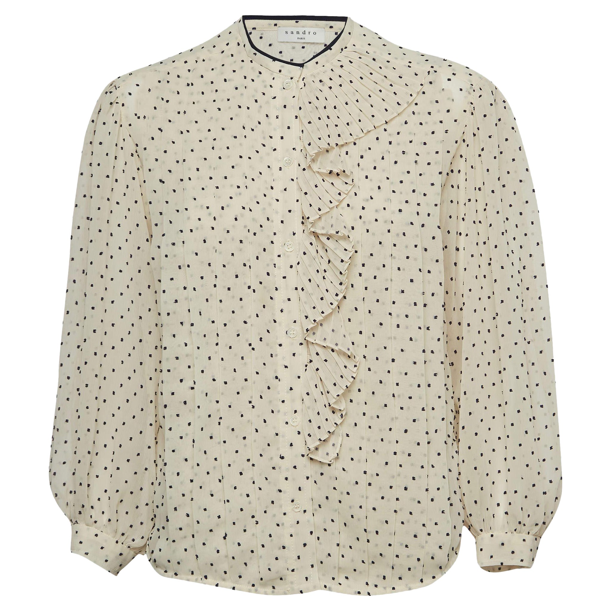 Sandro White Swiss Dots Chiffon Ruffled Shirt XS For Sale