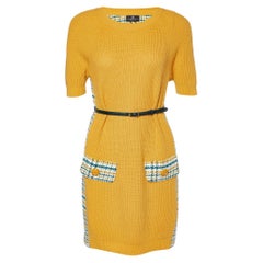 Elisabetta Franchi Yellow Houndstooth Knit Belted Dress S