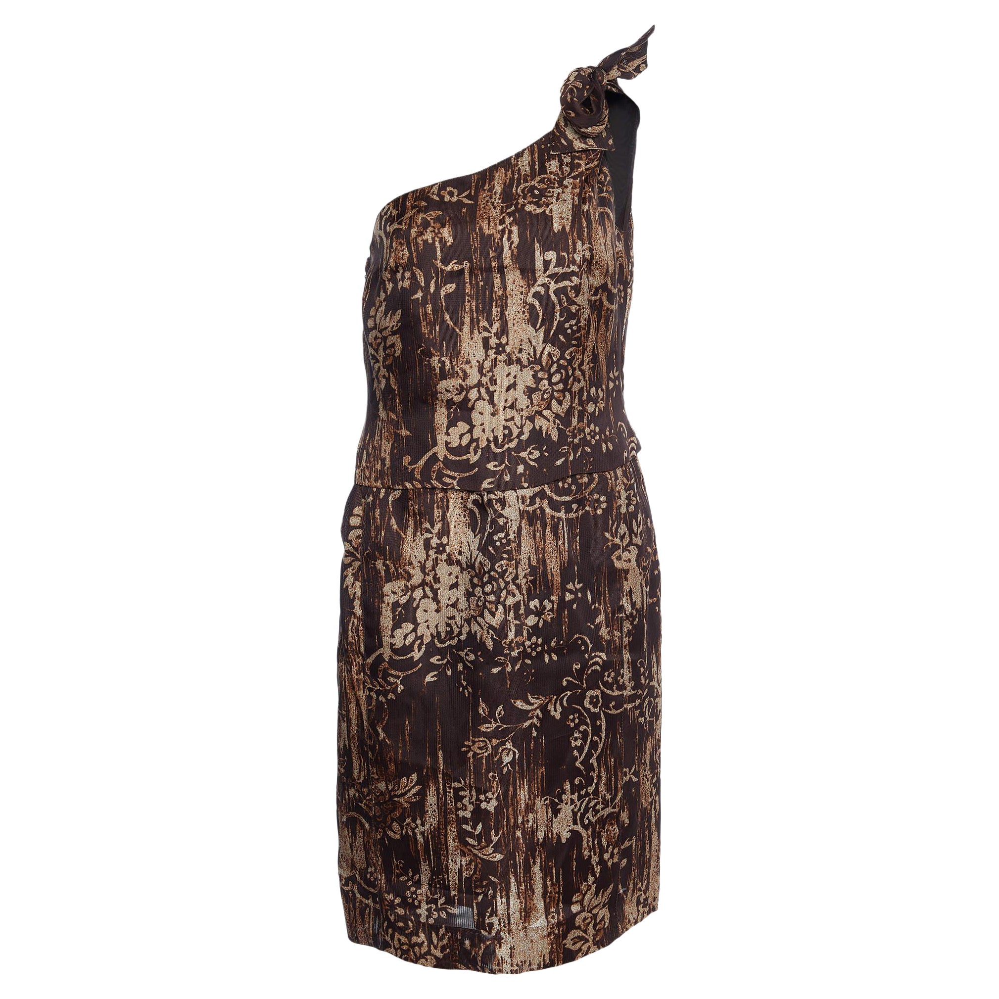 Oscar de la Renta Brown Printed Silk One Shoulder Dress M For Sale