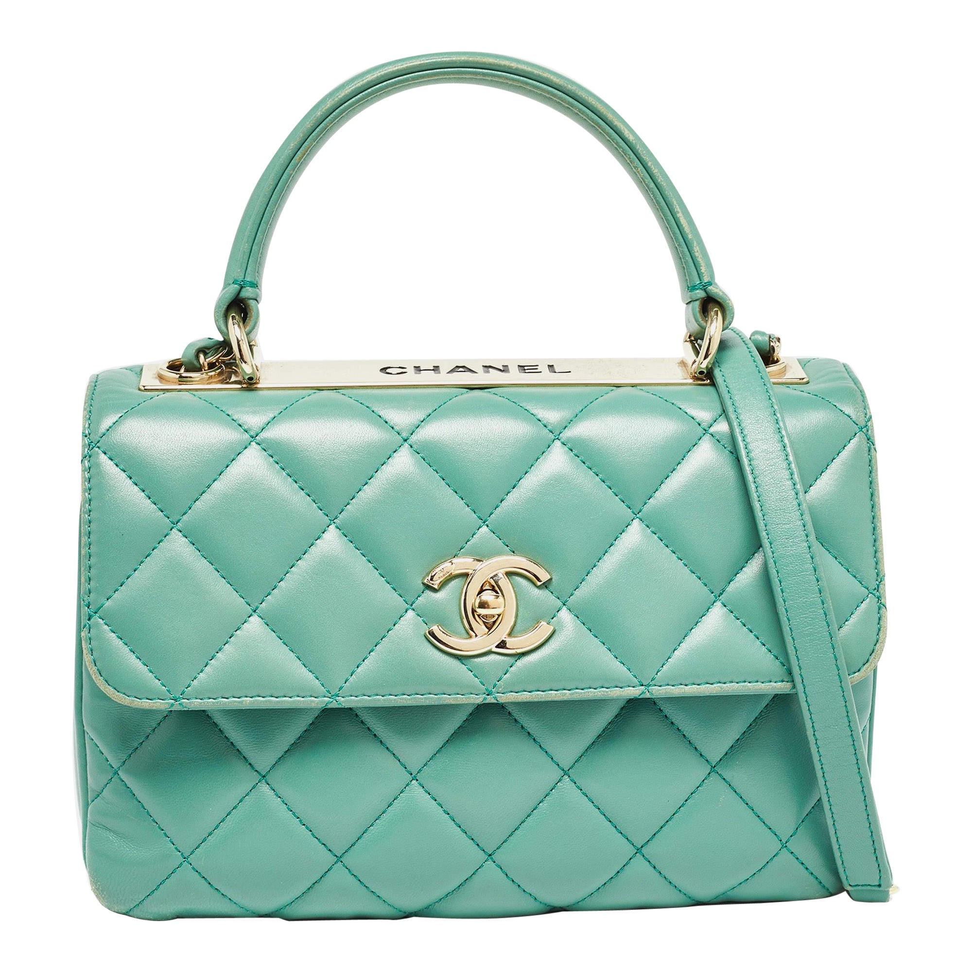 Chanel Bolso con Solapa CC Trendy Pequeño de Piel Acolchada Verde Aguamarina