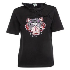 Kenzo Black Tiger Embroidered Cotton Ruffled T-Shirt S