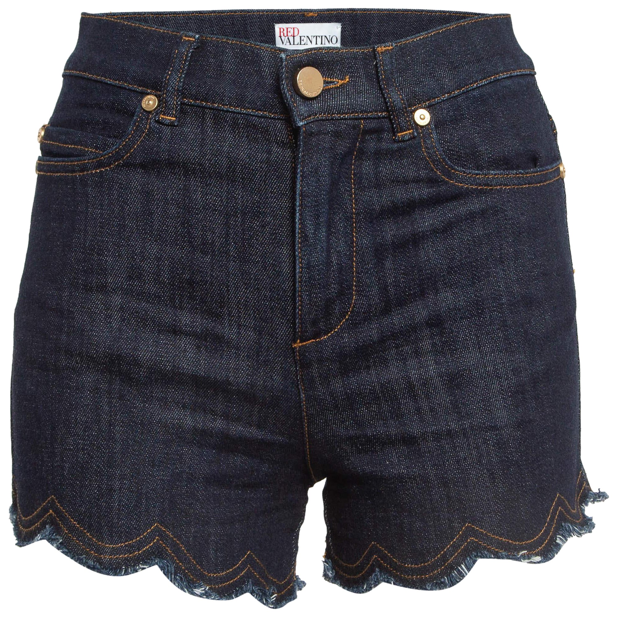 RED Valentino Dark Blue Denim Fringed Shorts S For Sale
