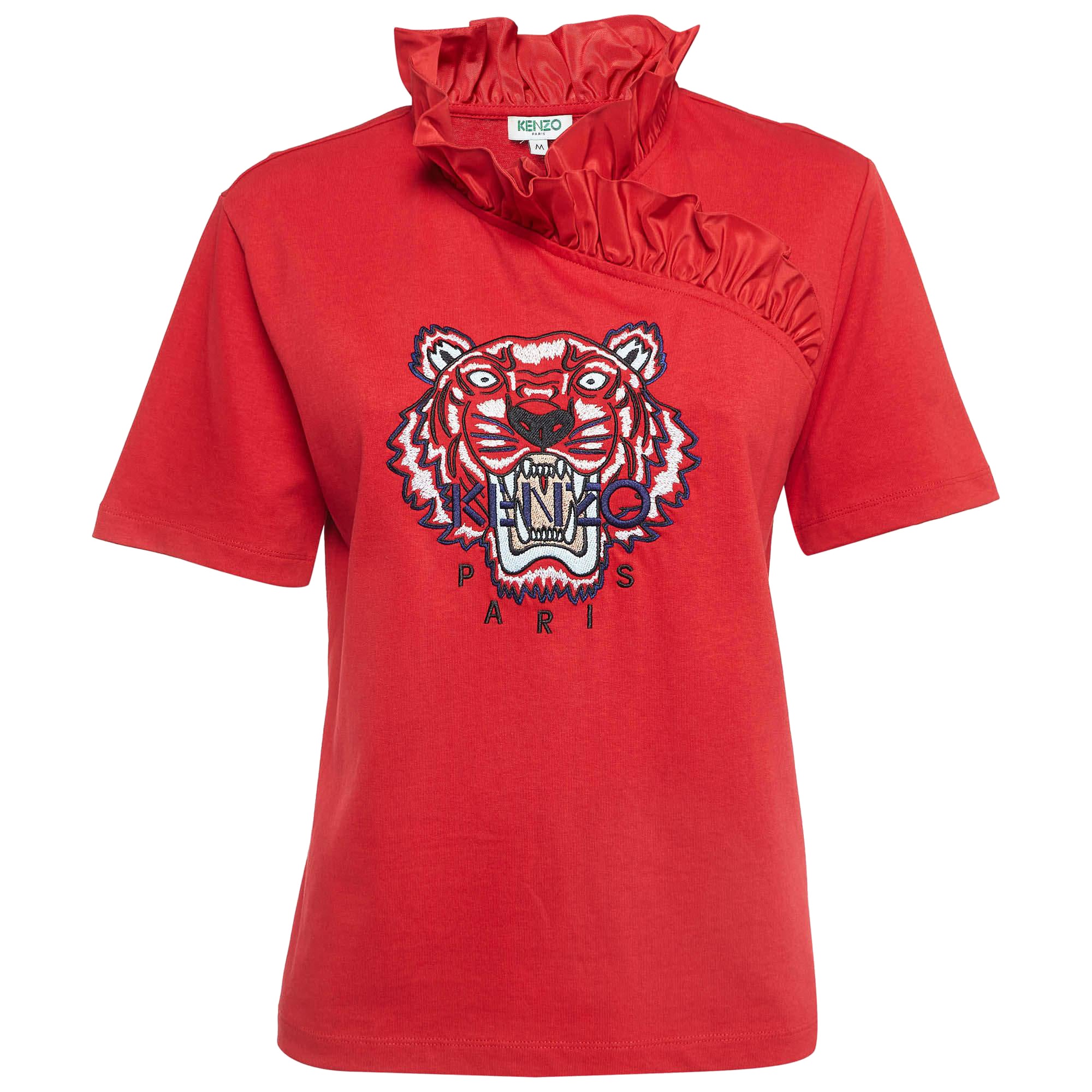 Kenzo Red Tiger Logo Embroidered Cotton Ruffle Neck T-Shirt M For Sale