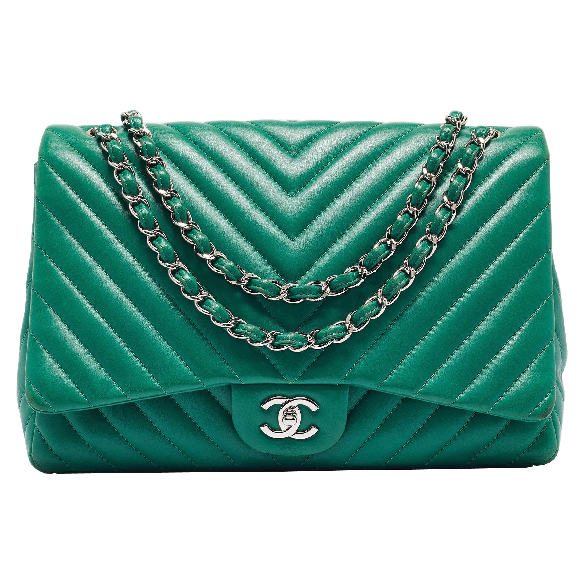 Chanel Green Chevron Leather Maxi Classic Single Flap Bag
