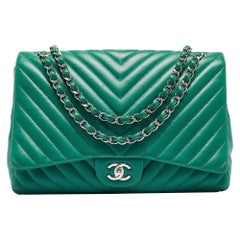 Chanel Green Chevron Leather Maxi Classic Single Flap Bag