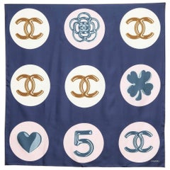 Chanel Navy Blue Lucky Charms Print Silk Square Scarf