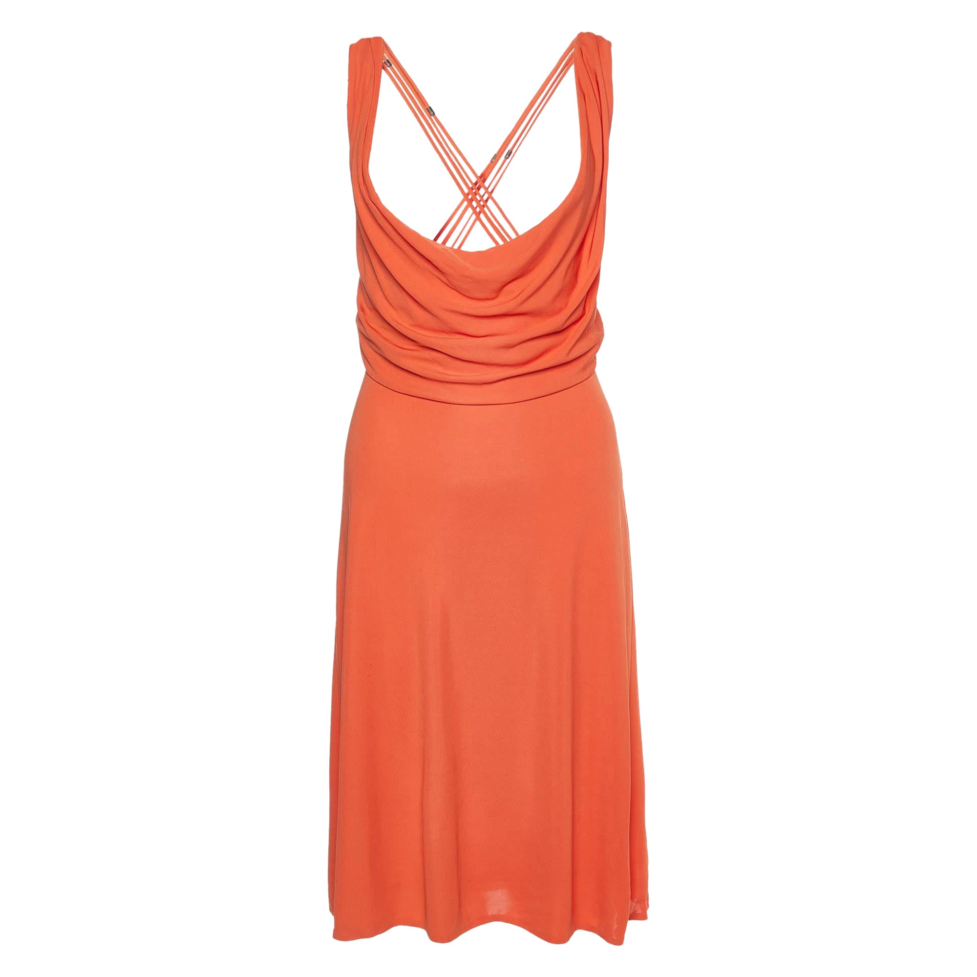 Robe midi Versace orange en crêpe avec lacets L en vente