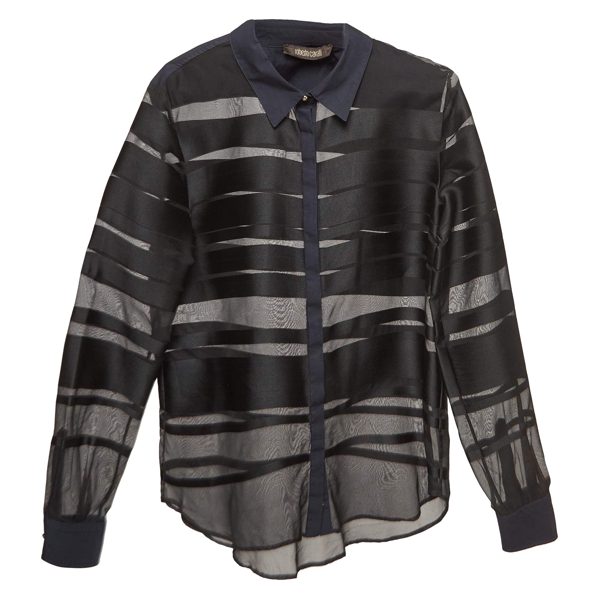 Roberto Cavalli Black Stripe Silk Blend Sheer Shirt S For Sale