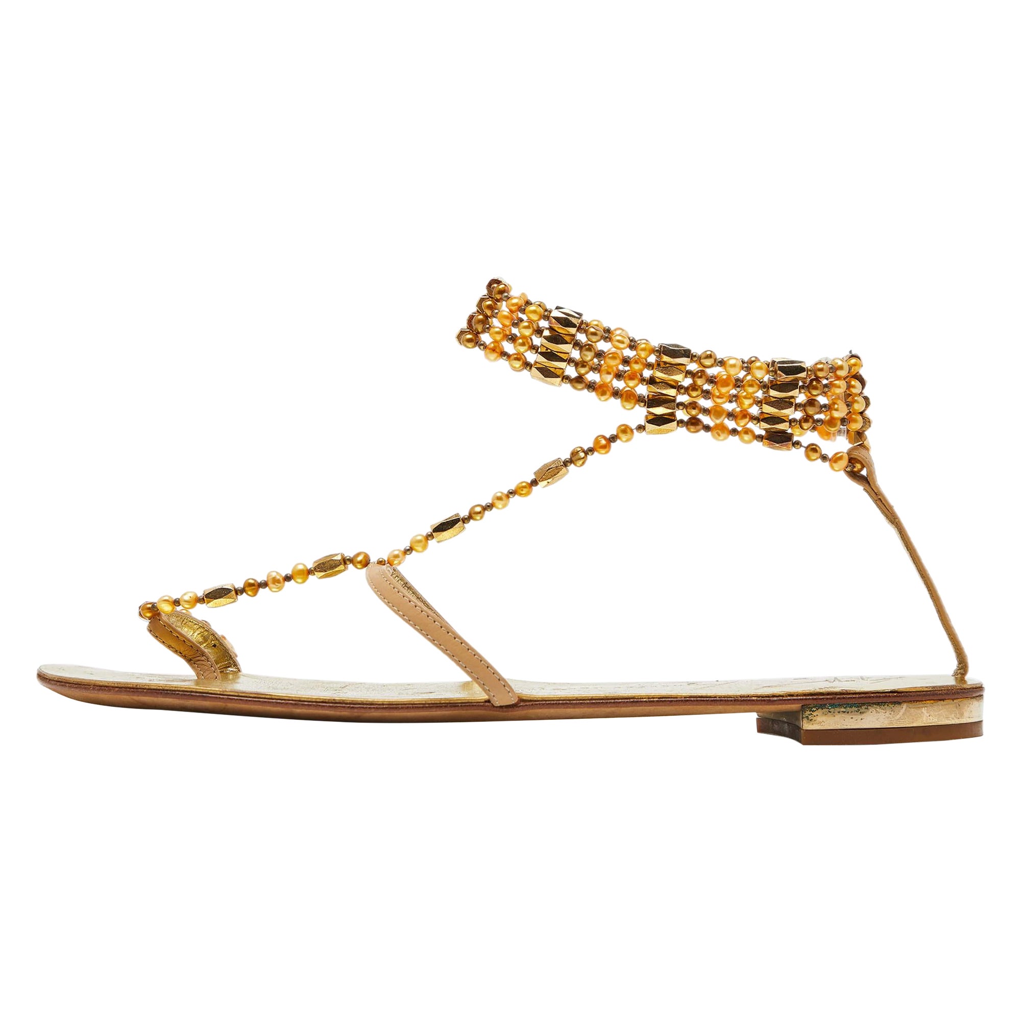 Giuseppe Zanotti Leather Crystal Embellished Chain Thong Flat Sandals Size 38.5 For Sale