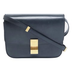 Celine Navy Blue Leather Medium Classic Box Shoulder Bag