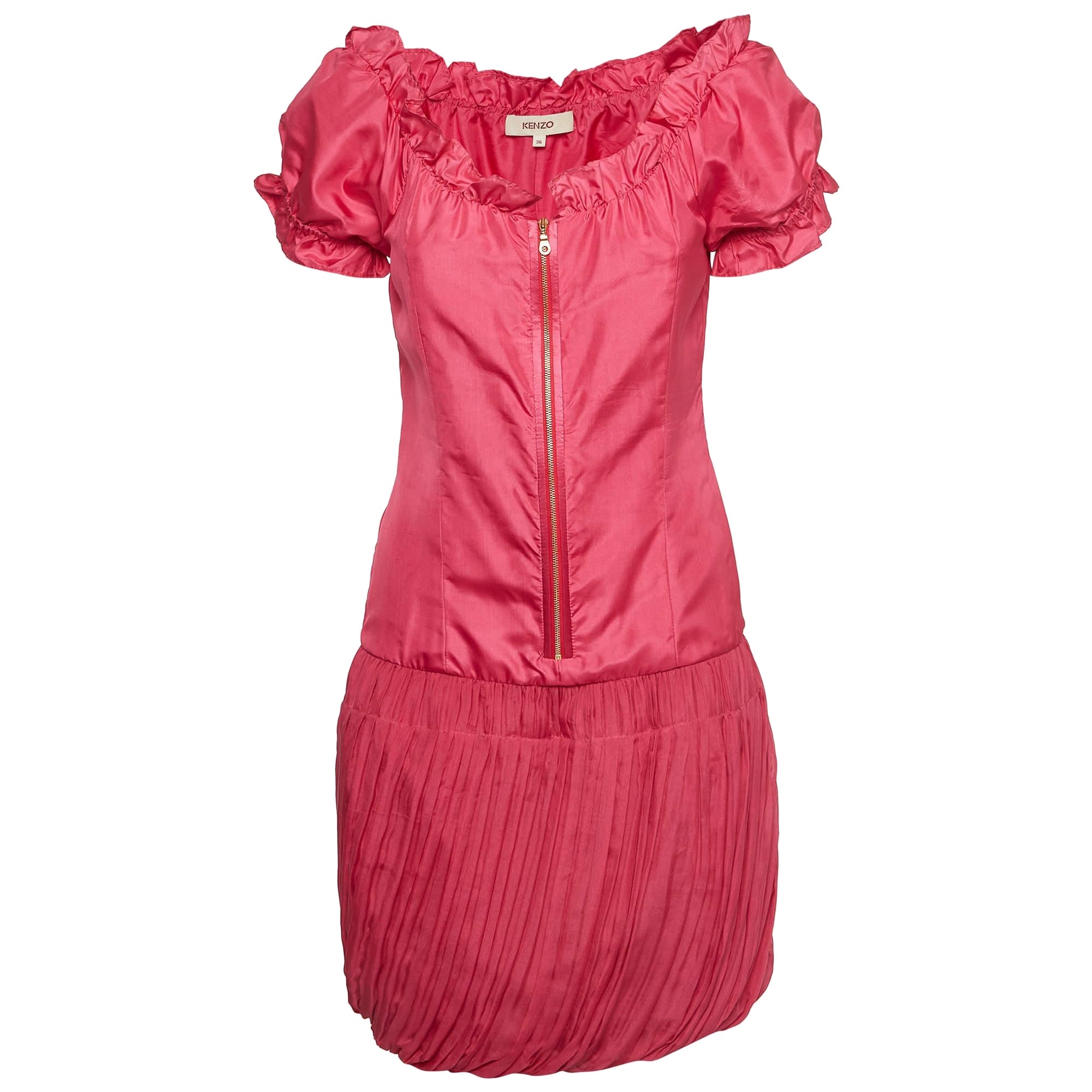 Kenzo - Vestito corto con zip sul davanti in seta rosa - S