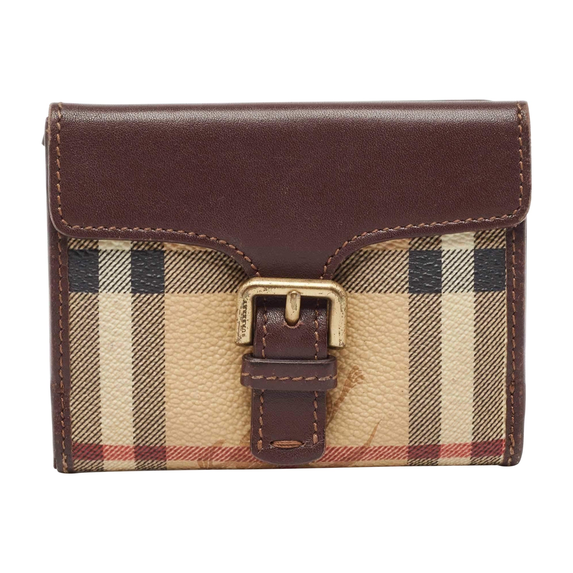 Burberry Brown Haymarket Check Coated Canvas Leder Schnalle Klappe kompakte Brieftasche