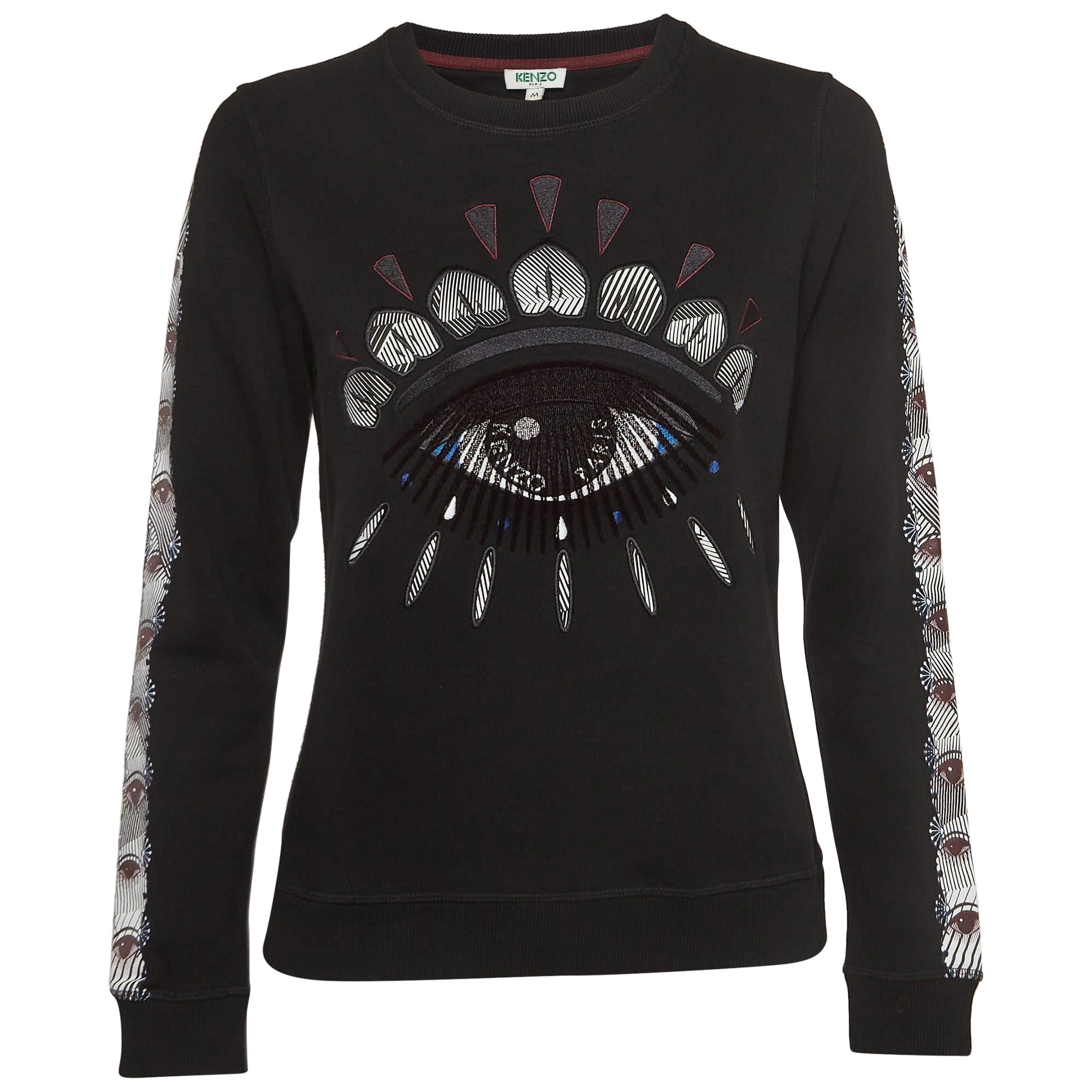 Kenzo Black Evil Eye Embroidered & Printed Cotton Knit Sweatshirt M For Sale