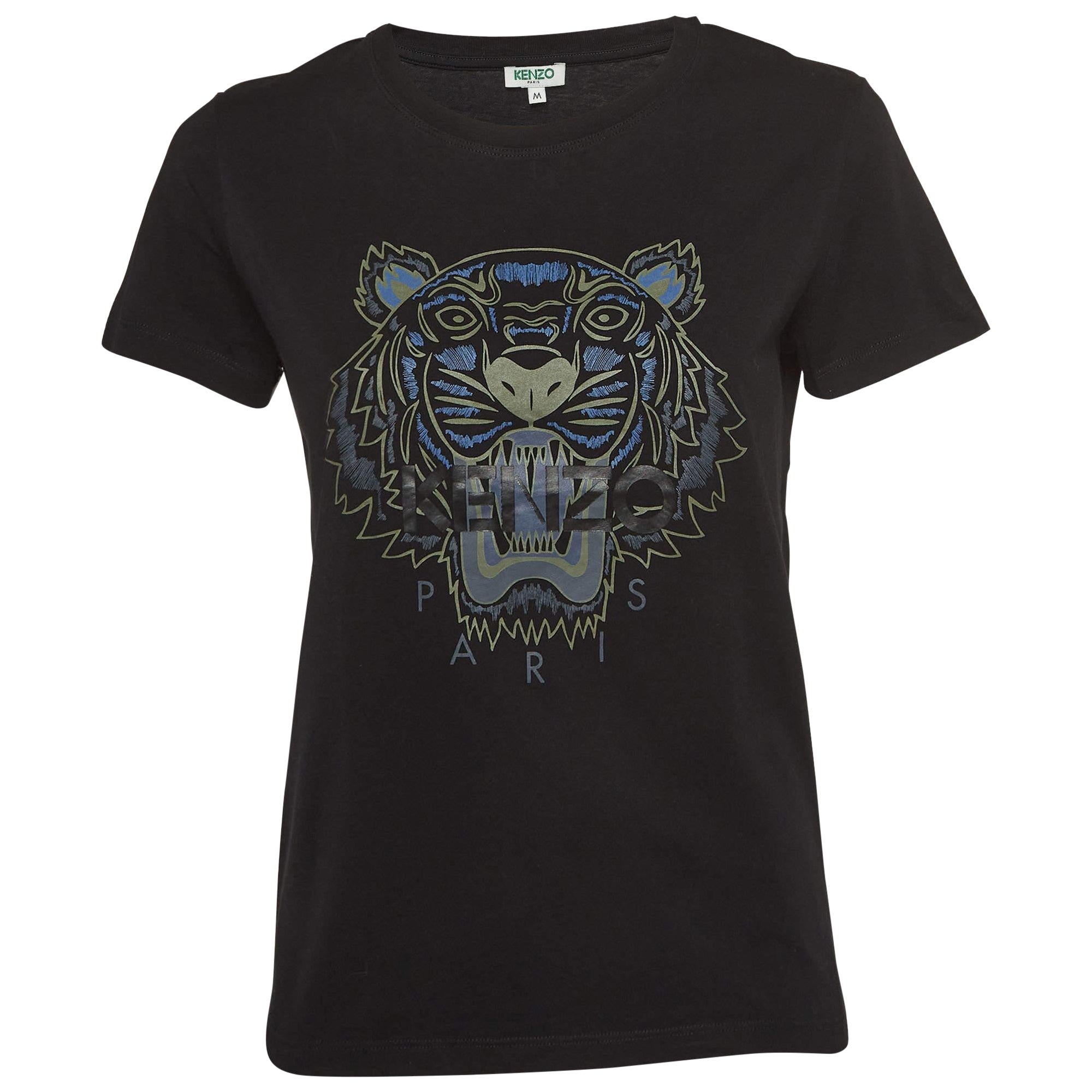 Kenzo Black Tiger Print Cotton Knit Short Sleeves T-shirt M For Sale