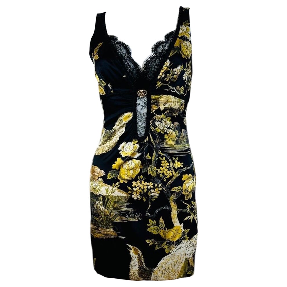 Vintage F/W 2006 Roberto Cavalli Opulent Birds Floral Black Lace Mini Dress For Sale