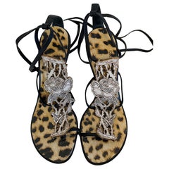 Vintage 2000s Roberto Cavalli Leopard Floral Ankle Wrap Heels Shoes