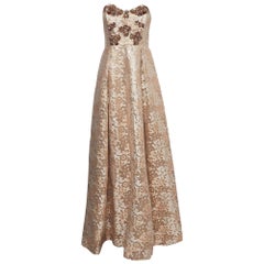 Badgley Mischka Gold Brocade Sequin Embellished Strapless Gown M