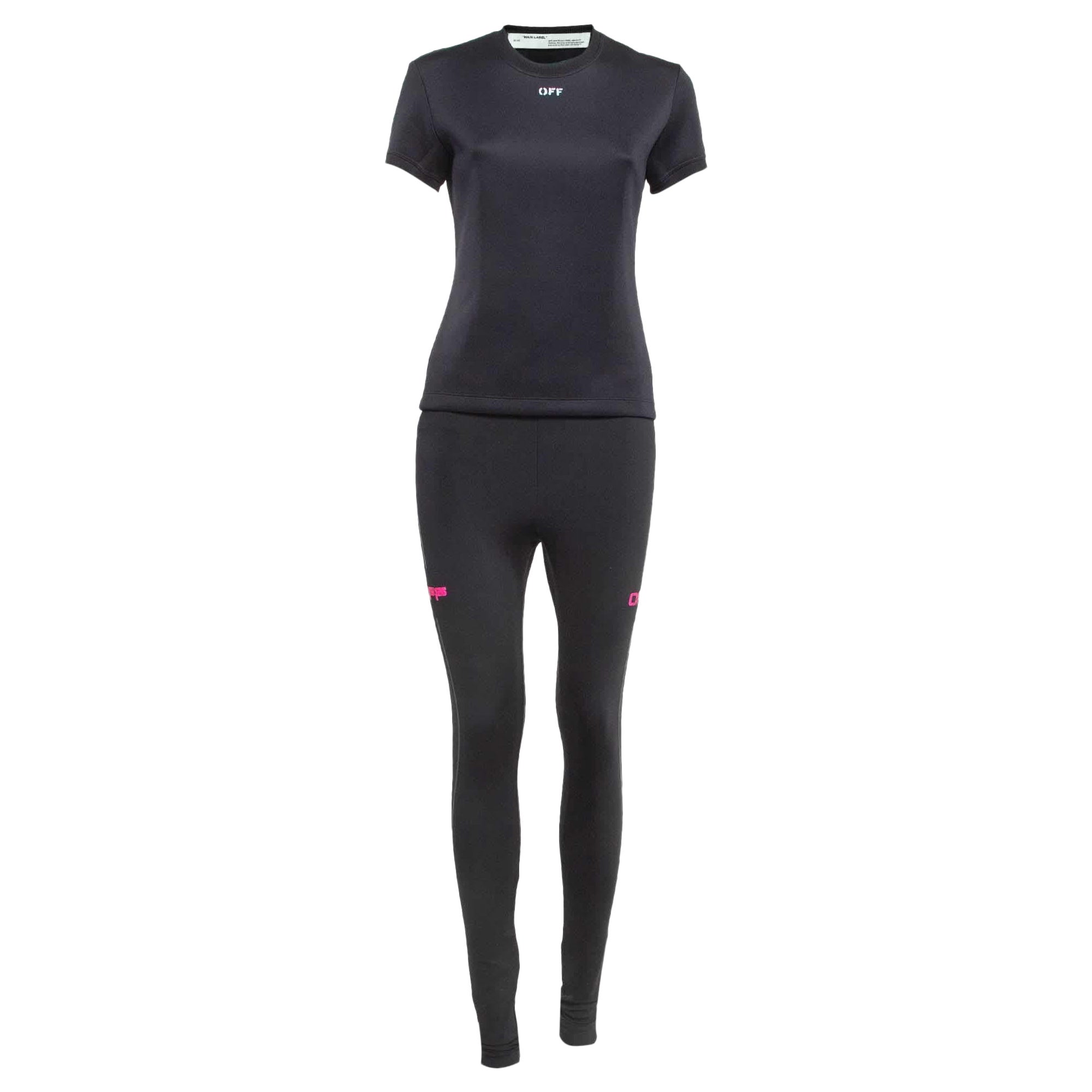 Off-White Black Jersey Active Wear T-shirt and Leggings Set S For Sale