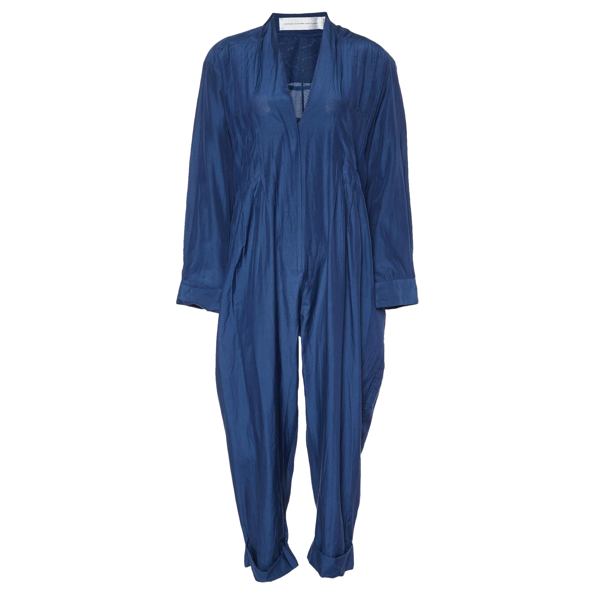 Victoria Victoria Beckham Navy Blue Silk & Cotton V-Neck Jumpsuit M For Sale