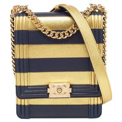 Chanel Navy Blue/Gold Leather Paris-New York North/South Boy Bag