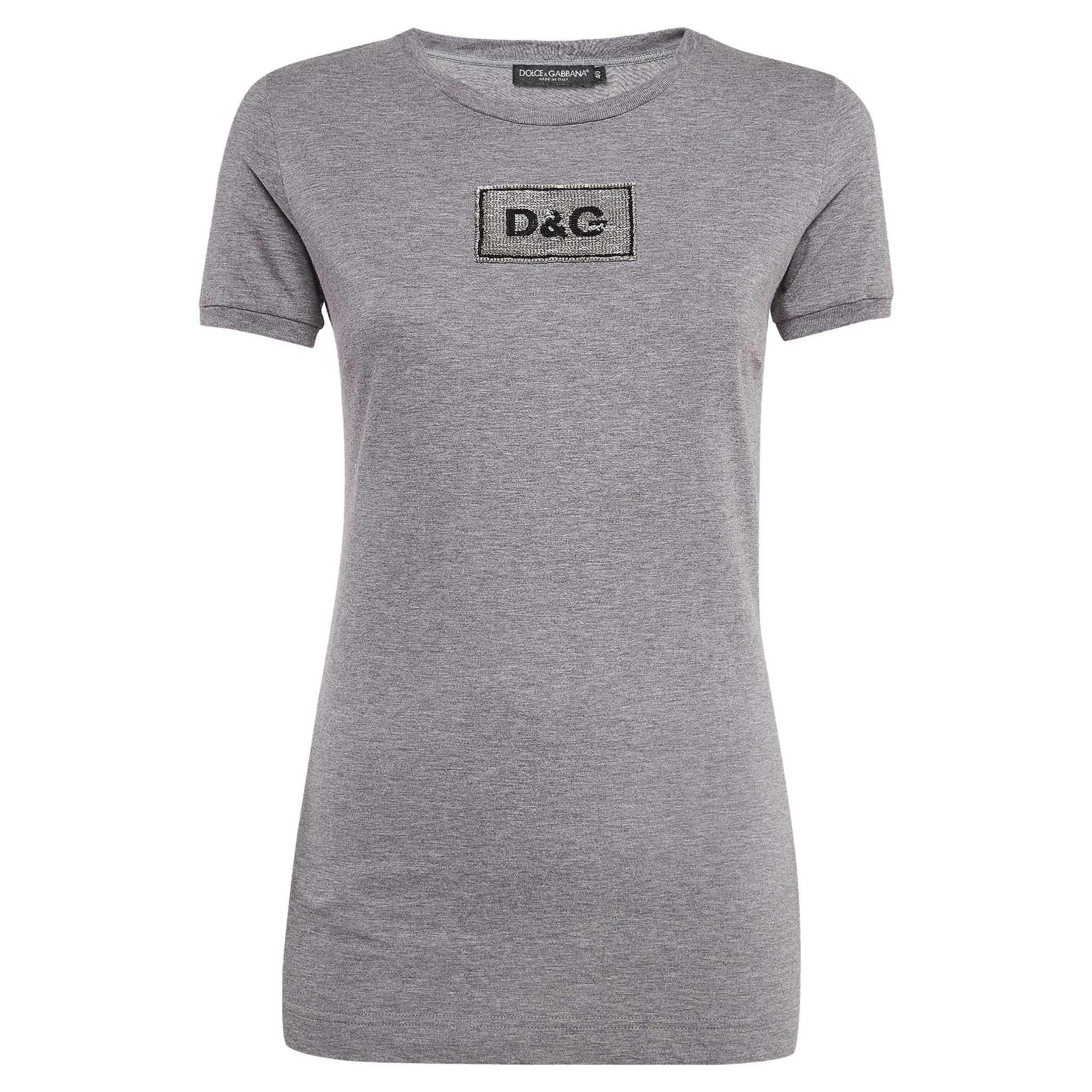 Dolce & Gabbana Grey Logo Embellished Cotton Knit T-Shirt S For Sale