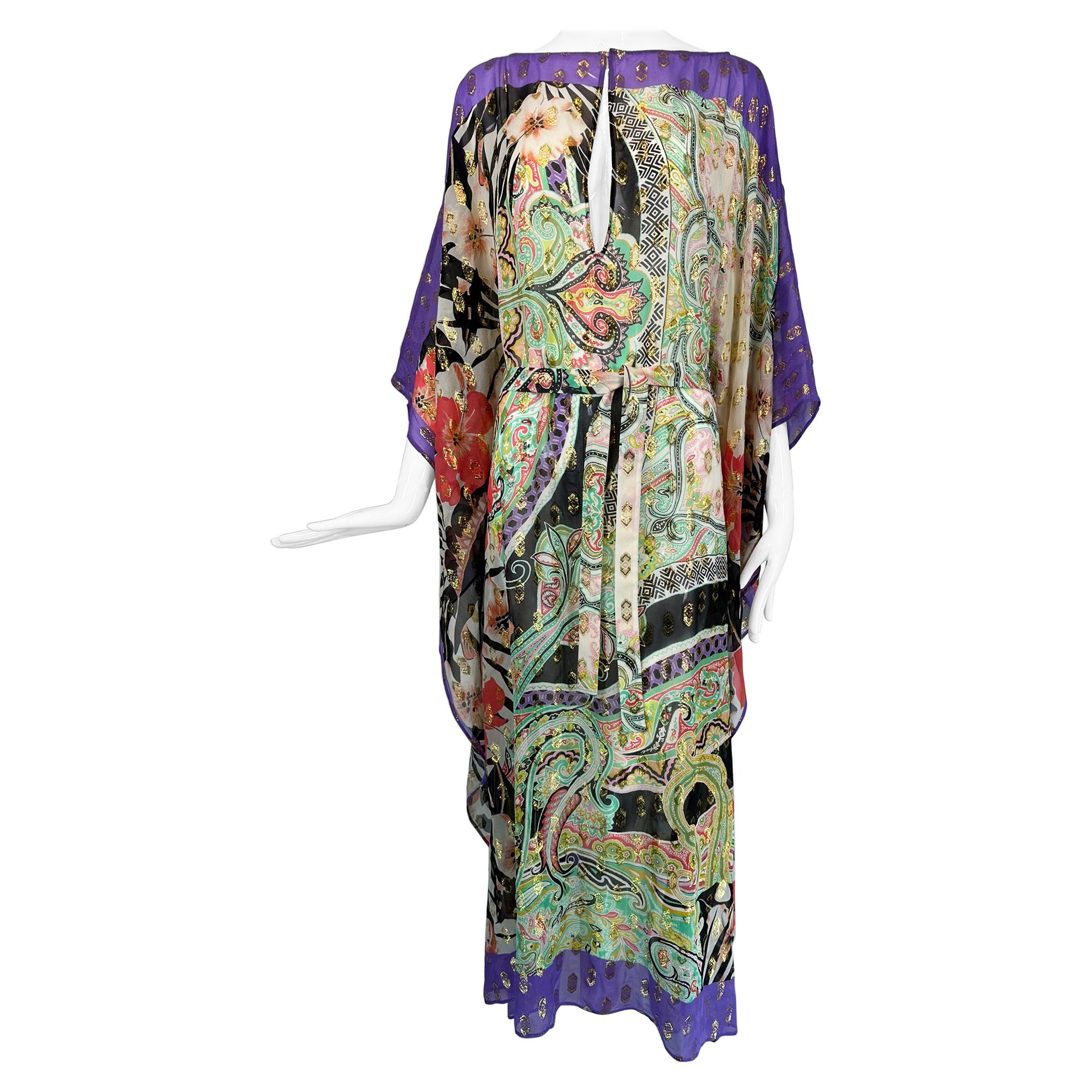 Etro Caftan transparent en soie imprimée or métallisé avec ceinture  Moyen en vente