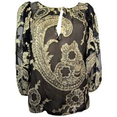 YVES SAINT LAURENT black silk blouse with gold flowers