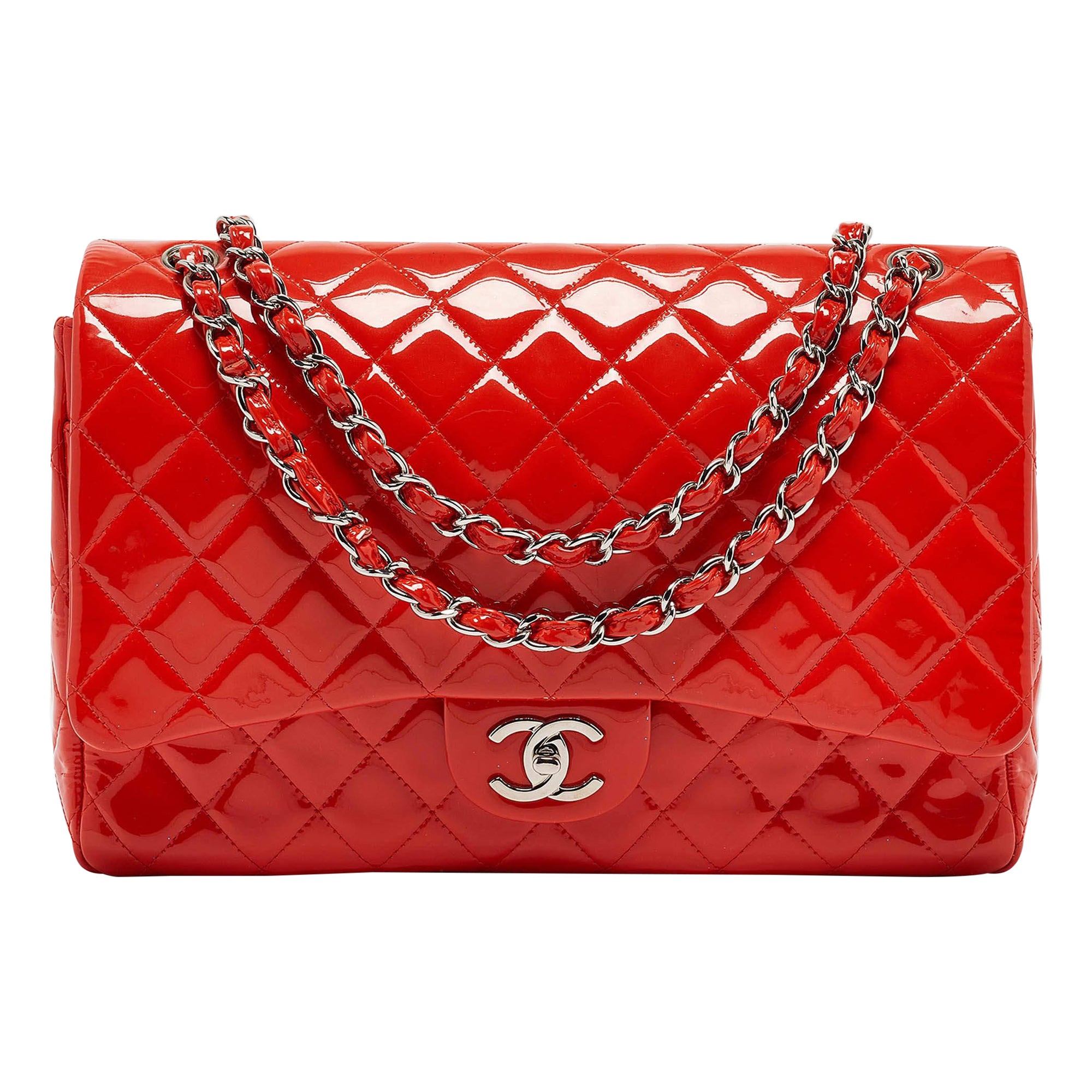 Chanel Orange Quilted Patent Leather Maxi Classic Double Flap Bag For Sale