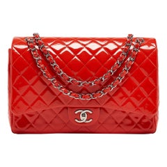 Chanel Orange Quilted Patent Leather Maxi Classic Double Flap Bag