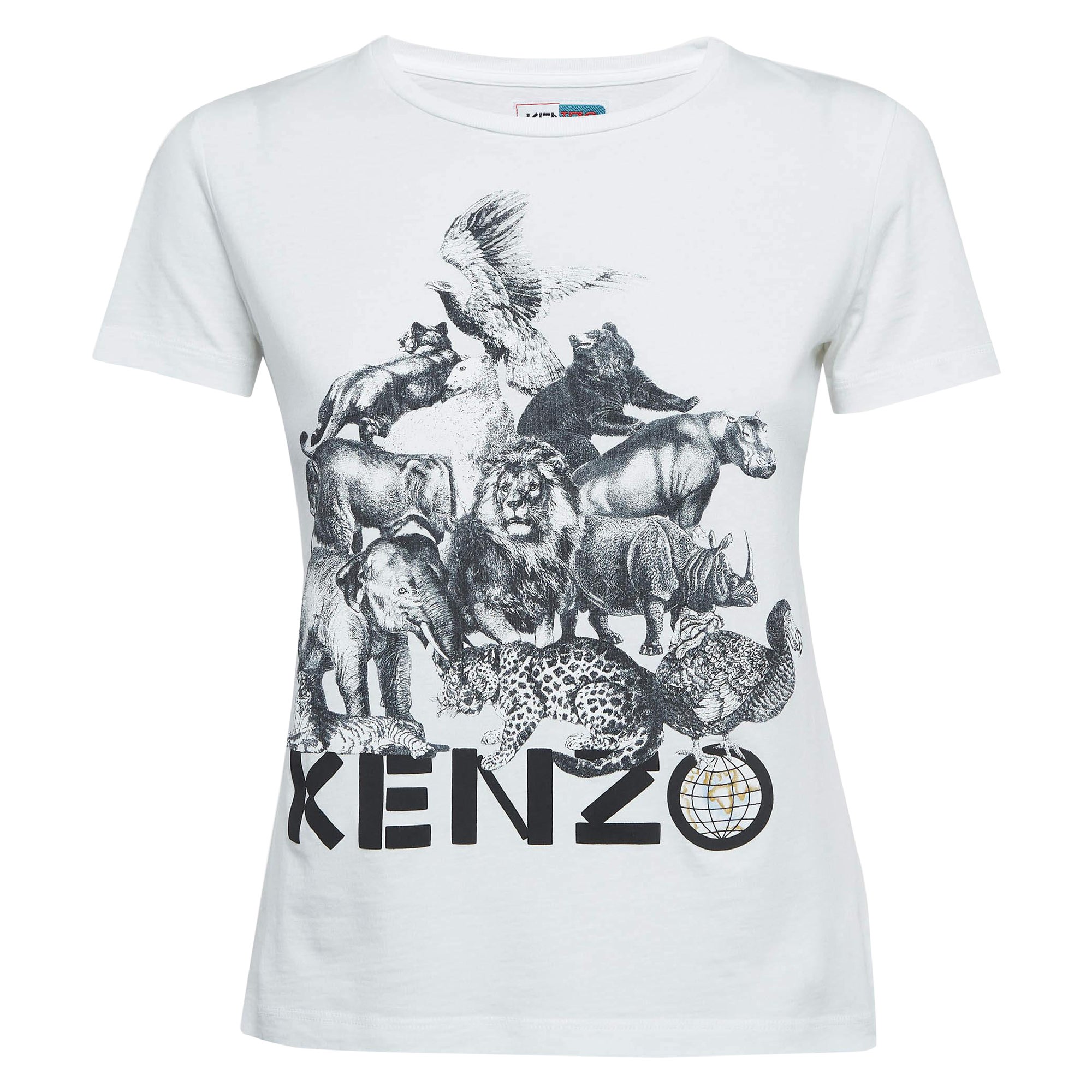Kenzo White Animal Printed Cotton Knit T-Shirt S